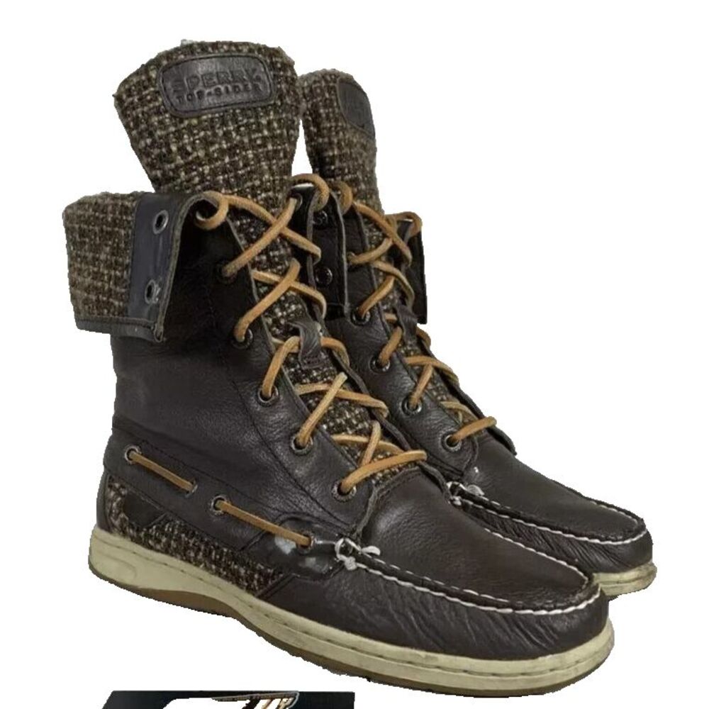 Sperry Top Sider Fisherman Boots Leather Ladyfish Lace Up Brown High Tops Size 8